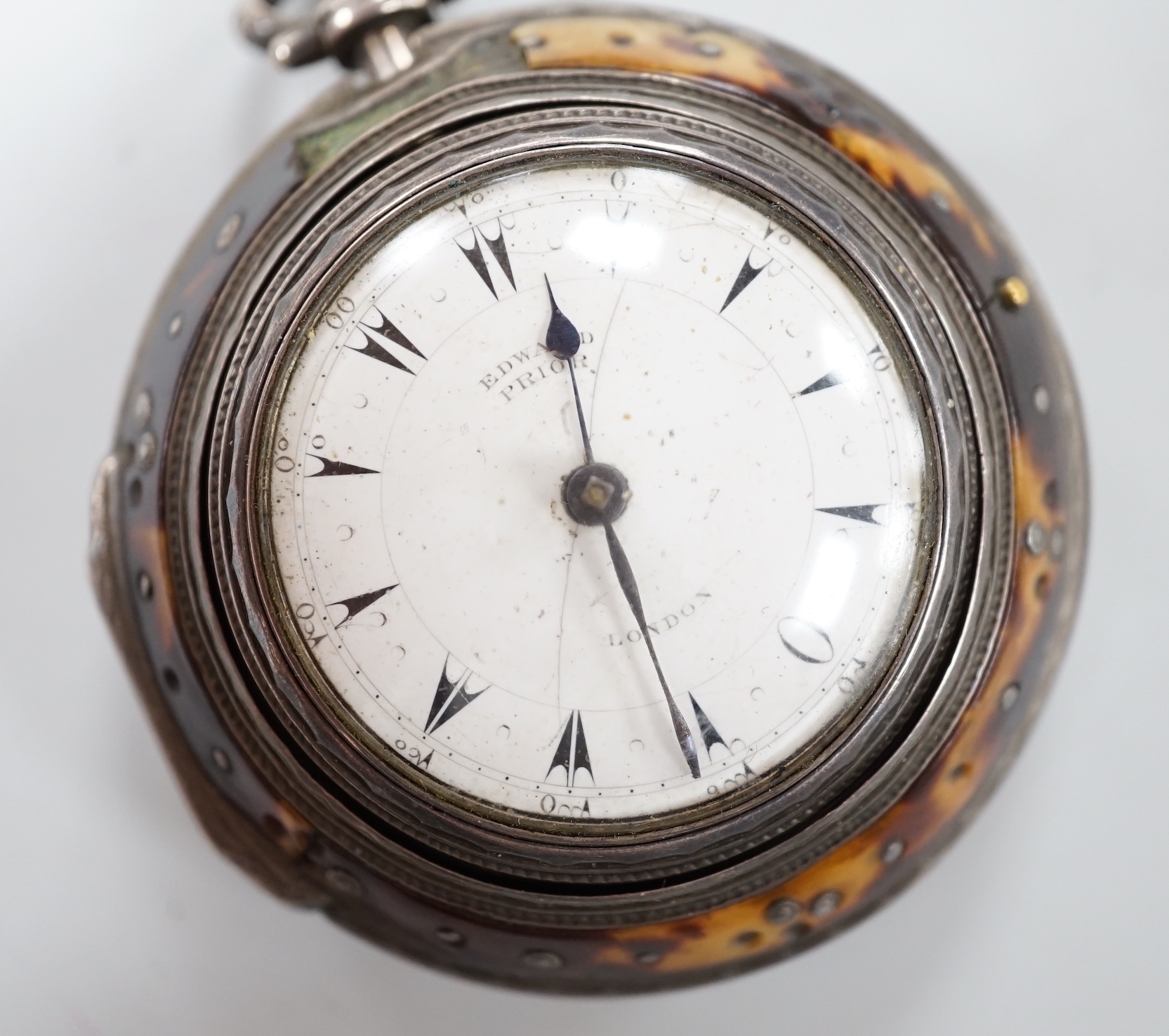 A Victorian tortoiseshell mounted triple case keywind verge pocket watch, by Edward Prior of London, for the Turkish market, case diameter 54mm.